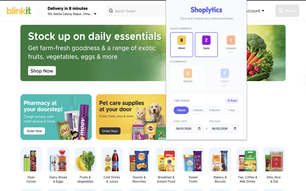 Shoplytics Chrome extension popup shown on a live Blinkit page with platform selection and date-range controls.